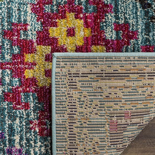 SAFAVIEH Monaco Collection Area Rug - 6'7" Square, Blue & Multi, Boho Diamond Trellis Design, Non-Shedding & Easy Care, Ideal for High Traffic Areas in Living Room, Bedroom (MNC244N)