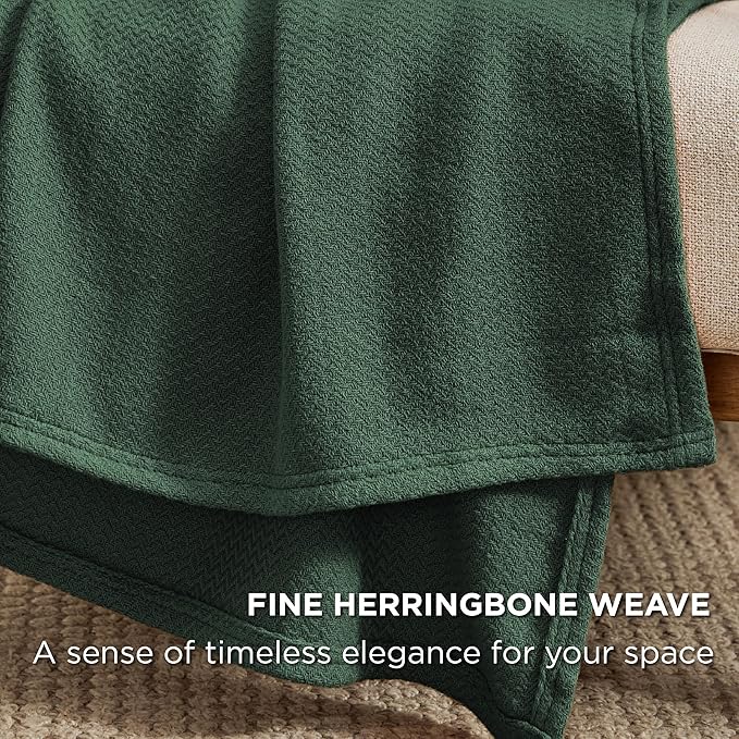 Bedsure GentleSoft 100% Cotton Large Throw Blanket for Couch 50x70 inches - Breathable and Lightweight, Soft Cozy Herringbone Woven Cotton Throw for Summer, Dark Green Office Chair Blanket