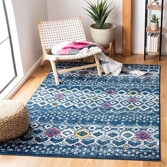 SAFAVIEH Amsterdam Collection Accent Rug - 4' x 6', Navy & Turquoise, Moroccan Boho Design, Non-Shedding & Easy Care, Ideal for High Traffic Areas in Entryway, Living Room, Bedroom (AMS108M)