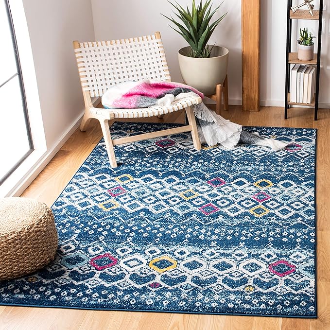 SAFAVIEH Amsterdam Collection Area Rug - 5'1" x 7'6", Navy & Turquoise, Moroccan Boho Design, Non-Shedding & Easy Care, Ideal for High Traffic Areas in Living Room, Bedroom (AMS108M)