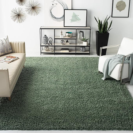 SAFAVIEH August Shag Collection Area Rug - 4' Square, Green, Solid Design, Non-Shedding & Easy Care, 1.5-inch Thick Ideal for High Traffic Areas in Living Room, Bedroom (AUG200Y)