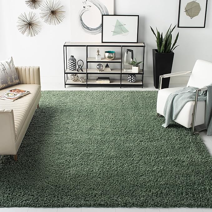SAFAVIEH August Shag Collection Area Rug - 10' x 14', Green, Solid Design, Non-Shedding & Easy Care, 1.5-inch Thick Ideal for High Traffic Areas in Living Room, Bedroom (AUG200Y)