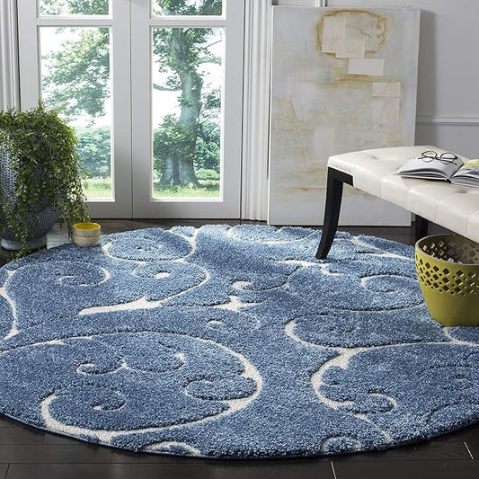 SAFAVIEH Florida Shag Collection Area Rug - 5' Round, Light Blue & Cream, Scroll Design, Non-Shedding & Easy to Clean, High-Low Plush Pile, Ideal for Living Room, Bedroom, Dining Space (SG455-6011)