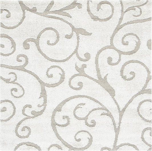 SAFAVIEH Florida Shag Collection Area Rug - 9' Square, Ivory & Beige, Scroll Design, Non-Shedding & Easy to Clean, High-Low Plush Pile, Ideal for Living Room, Bedroom, Dining Space (SG455-13LT)