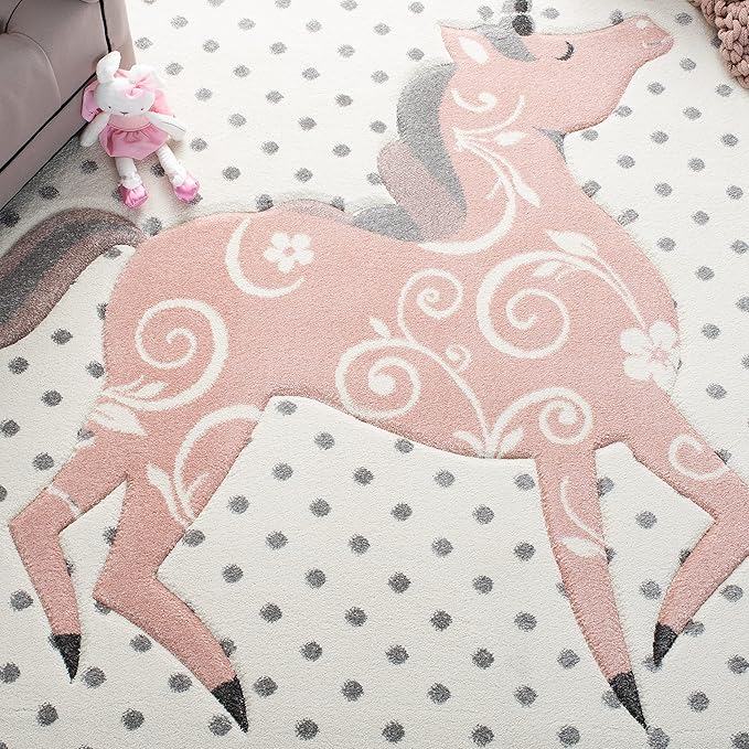 SAFAVIEH Carousel Kids Collection Accent Rug - 3'3" x 5'3", Ivory Grey & Pink, Non-Shedding & Easy Care, Ideal for High Traffic Areas for Boys & Girls in Playroom, Nursery, Bedroom (CRK163B)