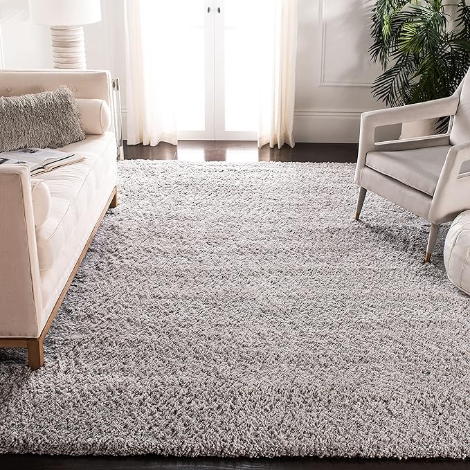 SAFAVIEH Fontana Shag Collection Area Rug - 5'3" Square, Grey, Solid Design, Non-Shedding & Easy Care, 2-inch Thick Ideal for High Traffic Areas in Living Room, Bedroom (FNT800F)
