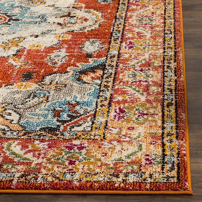 SAFAVIEH Monaco Collection Runner Rug - 2'2" x 12', Orange & Light Blue, Non-Shedding & Easy to Clean, Distressed Medallion Design, Ideal for Hallway, Foyer, Entryway, Kitchen, Bedroom (MNC243H)