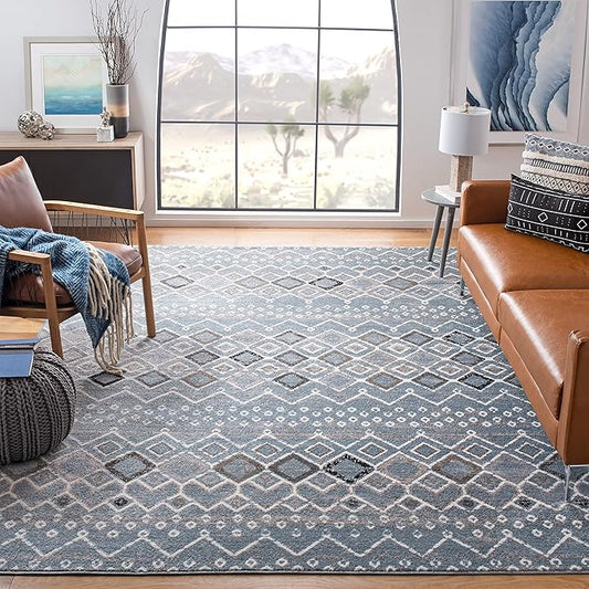 SAFAVIEH Amsterdam Collection X-Large Area Rug - 11' x 15', Blue & Ivory, Moroccan Boho Design, Non-Shedding & Easy Care, Ideal for High Traffic Areas in Living Room, Bedroom (AMS108L)