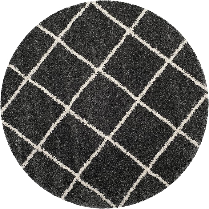 SAFAVIEH Hudson Shag Collection 9' Round Dark Grey/Ivory SGH281G Modern Diamond Trellis Non-Shedding Living Room Bedroom Dining Room Entryway Plush 2-inch Thick Area Rug