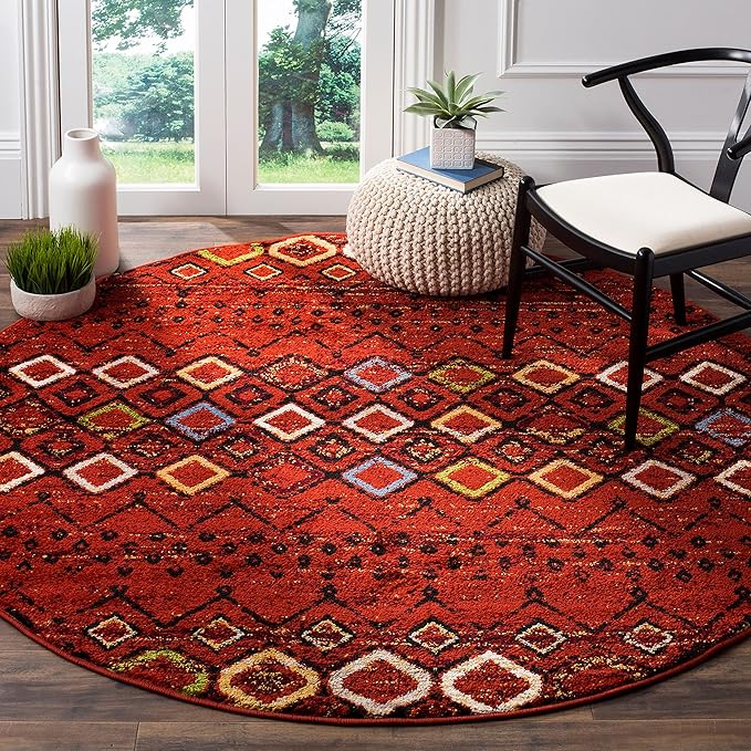 SAFAVIEH Amsterdam Collection Area Rug - 4' Round, Terracotta & Multi, Moroccan Boho Design, Non-Shedding & Easy Cleaning, Ideal for Living Room, Bedroom, Dining Space (AMS108D)