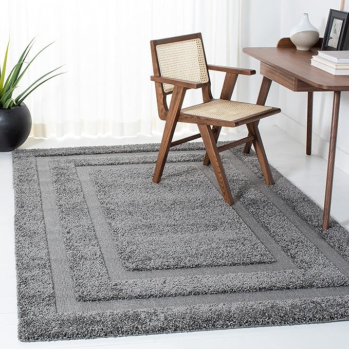 SAFAVIEH Florida Shag Collection Area Rug - 5' Square, Grey & Grey, Border Design, Non-Shedding & Easy Care, 1.2-inch Thick Ideal for High Traffic Areas in Living Room, Bedroom (SG454-8080)