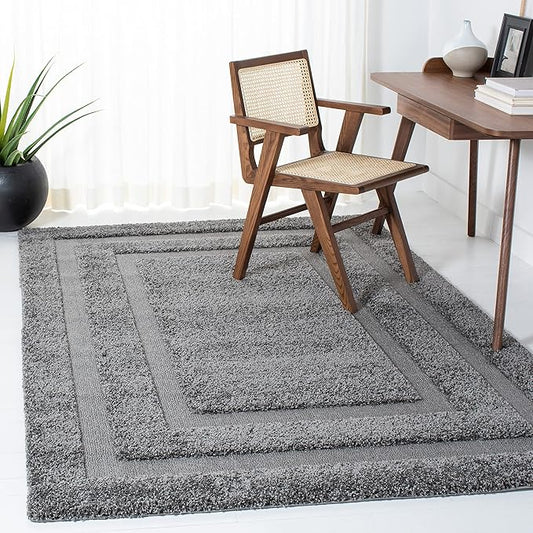 SAFAVIEH Florida Shag Collection Accent Rug - 3'3" x 5'3", Grey & Grey, Border Design, Non-Shedding & Easy Care, 1.2-inch Thick Ideal for High Traffic Areas in Foyer, Living Room, Bedroom (SG454-8080)