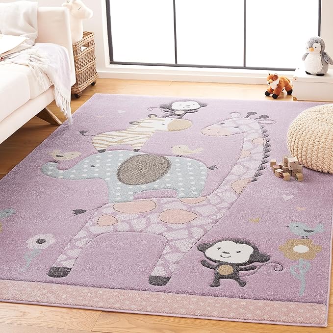 SAFAVIEH Carousel Kids Collection Area Rug - 5'3" x 7'6", Purple, Animal Design, Ideal for High Traffic Area for Boys & Girls in Playroom, Nursery, Bedroom (CRK120V-5)