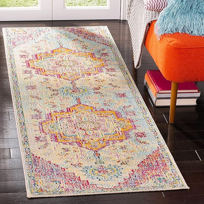 SAFAVIEH Crystal Collection Runner Rug - 2'2" x 21', Light Blue & Fuchsia, Medallion Distressed Design, Non-Shedding & Easy Care, Ideal for High Traffic Areas in Living Room, Bedroom (CRS501B)