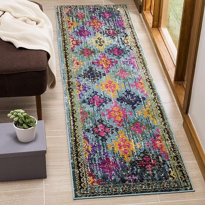 SAFAVIEH Monaco Collection Runner Rug - 2'2" x 8', Blue & Multi, Boho Diamond Trellis Design, Non-Shedding & Easy Care, Ideal for High Traffic Areas in Living Room, Bedroom (MNC244N)