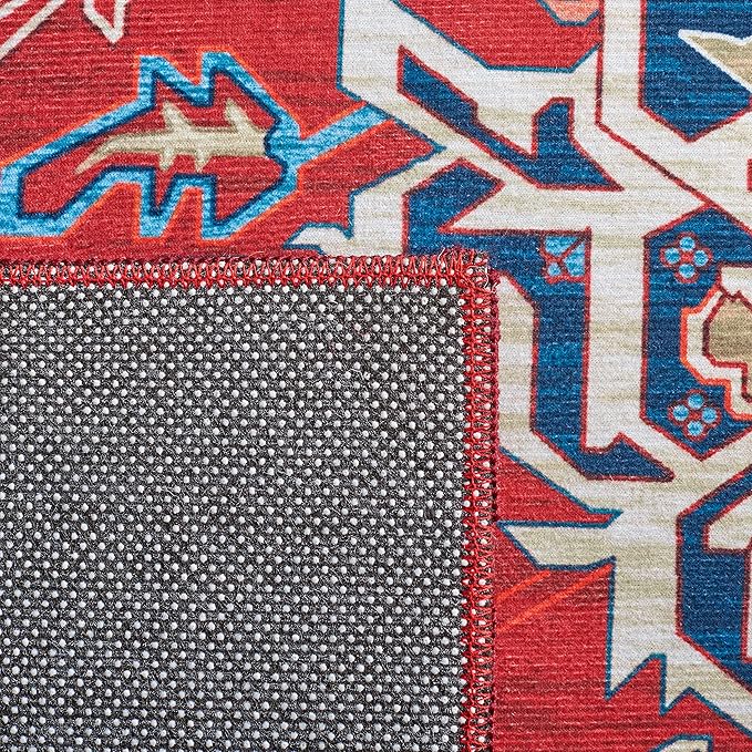 SAFAVIEH Washable Rug Tucson Collection - 3' x 5', Red & Blue, Slip Resistant & Easy to Clean, Ideal for Foyer, Entryway, Kitchen, Bedroom (TSN101Q)