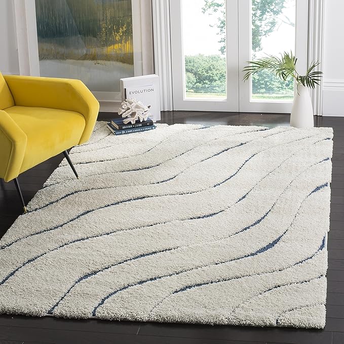SAFAVIEH Florida Shag Collection Area Rug - 8'6" x 12', Cream & Blue, Non-Shedding & Easy Care, 1.2-inch Thick Ideal for High Traffic Areas in Living Room, Bedroom (SG472-1165)