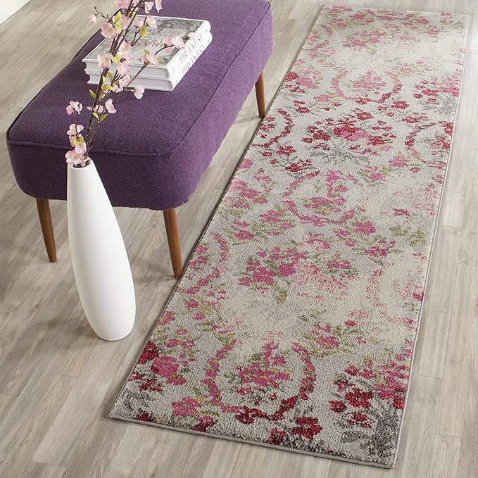 SAFAVIEH Monaco Collection Runner Rug - 2'2" x 6', Ivory & Pink, Floral Design, Non-Shedding & Easy Care, Ideal for High Traffic Areas in Living Room, Bedroom (MNC205R)