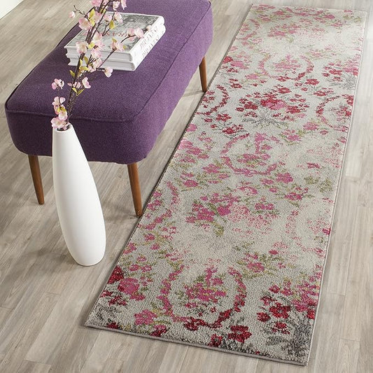 SAFAVIEH Monaco Collection Runner Rug - 2'2" x 6', Ivory & Pink, Floral Design, Non-Shedding & Easy Care, Ideal for High Traffic Areas in Living Room, Bedroom (MNC205R)