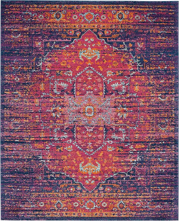 SAFAVIEH Evoke Collection 10' x 14' Blue / Fuchsia EVK275F Oriental Medallion Distressed Non-Shedding Living Room Bedroom Dining Home Office Area Rug