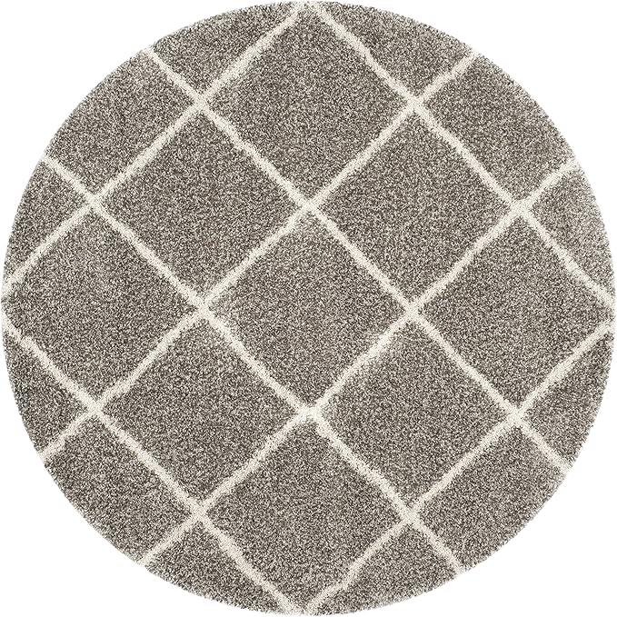 SAFAVIEH Hudson Shag Collection Area Rug - 7' Round, Grey & Ivory, Modern Trellis Design, Non-Shedding & Easy Care, 2-inch Thick Ideal for High Traffic Areas in Living Room, Bedroom (SGH281B)