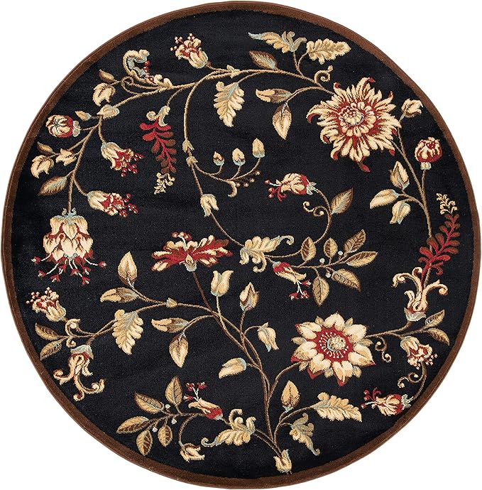 SAFAVIEH Lyndhurst Collection Area Rug - 5'3" Round, Black & Multi, Traditional Floral Design, Non-Shedding & Easy Care, Ideal for High Traffic Areas in Living Room, Bedroom (LNH552-9091)