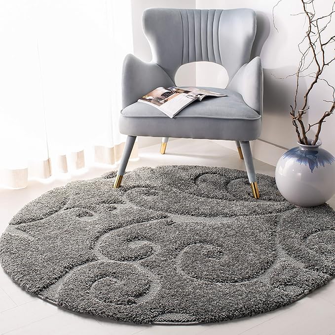 SAFAVIEH Florida Shag Collection Area Rug - 5' Round, Grey, Scroll Design, Non-Shedding & Easy to Clean, High-Low Plush Pile, Ideal for Living Room, Bedroom, Dining Space (SG455-8013)