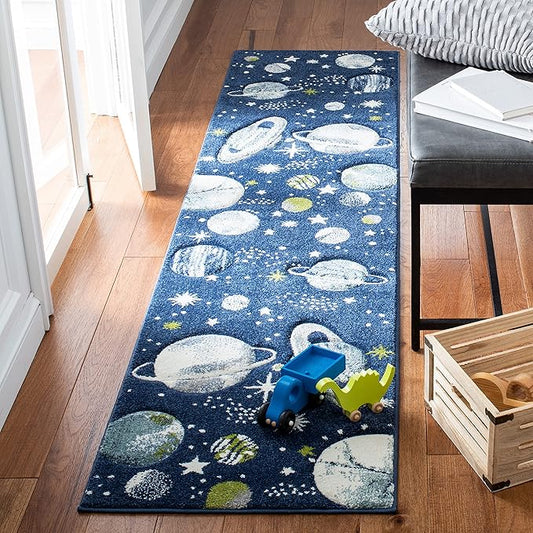SAFAVIEH Carousel Kids Collection Runner Rug - 2' x 8', Navy & Ivory, Non-Shedding & Easy Care, Ideal for High Traffic Areas for Boys & Girls in Playroom, Nursery, Bedroom (CRK103N)