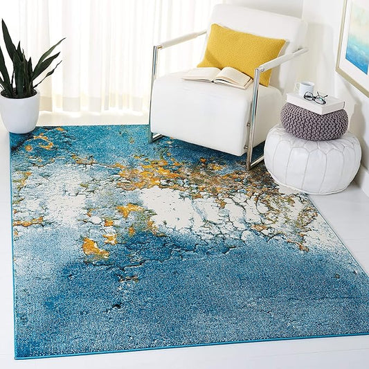 SAFAVIEH Glacier Collection Accent Rug - 2'7" x 5', Blue & Gold, Modern Abstract Design, Non-Shedding & Easy Care, Ideal for High Traffic Areas in Entryway, Living Room, Bedroom (GLA125M)