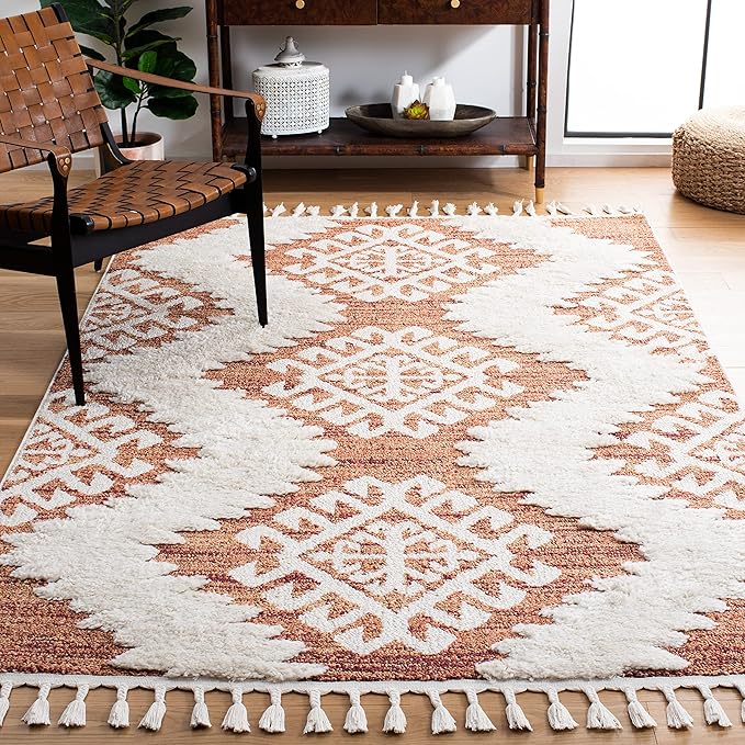 SAFAVIEH Moroccan Tassel Shag Collection Accent Rug - 3' x 5', Orange & Ivory, Boho, Non-Shedding & Easy Care, 2-inch Thick Ideal for High Traffic Areas in Entryway, Living Room, Bedroom (MTS652P)