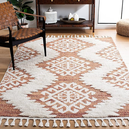 SAFAVIEH Moroccan Tassel Shag Collection Area Rug - 5'3" x 7'6", Orange & Ivory, Boho Design, Non-Shedding & Easy Care, 2-inch Thick Ideal for High Traffic Areas in Living Room, Bedroom (MTS652P)