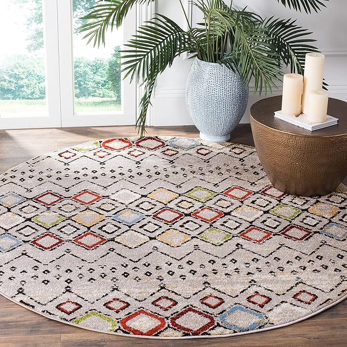 SAFAVIEH Amsterdam Collection Area Rug - 11' Round, Light Grey & Multi, Moroccan Boho Design, Non-Shedding & Easy Care, Ideal for High Traffic Areas in Living Room, Bedroom (AMS108G)