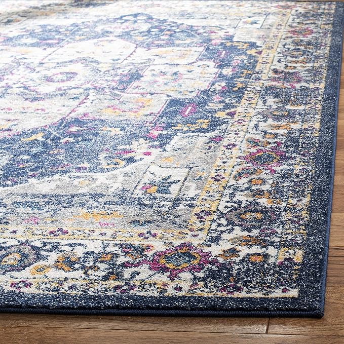 SAFAVIEH Evoke Collection Area Rug - 5'3" x 7'6", Navy & Grey, Oriental Medallion Distressed Design, Non-Shedding & Easy Care, Ideal for High Traffic Areas in Living Room, Bedroom (EVK275N)