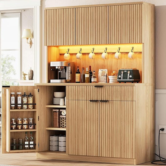 Fluted Kitchen Pantry Storage Cabinet with Charging Station/LED Light/Doors/Shelves, 71'' Tall Kitchen Food Hutch with Microwave Stand for Dining Room Living Room (Natural, 41 * 15.7 * 71)