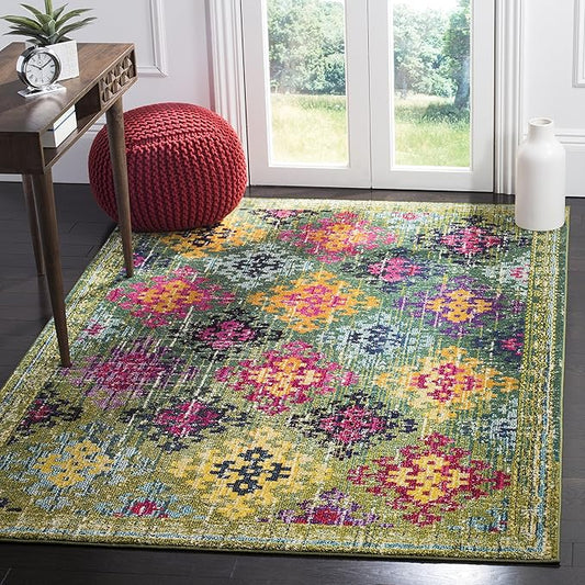 SAFAVIEH Monaco Collection Accent Rug - 3' x 5', Green & Multi, Boho Diamond Trellis Design, Non-Shedding & Easy Care, Ideal for High Traffic Areas in Entryway, Living Room, Bedroom (MNC244G)