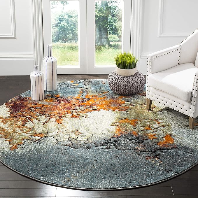 SAFAVIEH Glacier Collection 11' Round Blue/Multi GLA125B Modern Abstract Non-Shedding Dining Room Entryway Foyer Living Room Bedroom Area Rug
