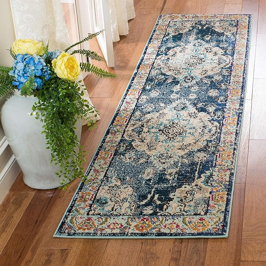 SAFAVIEH Monaco Collection Runner Rug - 2'2" x 14', Navy & Light Blue, Non-Shedding & Easy to Clean, Distressed Medallion Design, Ideal for Hallway, Foyer, Entryway, Kitchen, Bedroom (MNC243N)