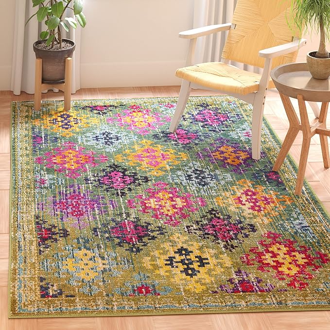 SAFAVIEH Monaco Collection Area Rug - 6'7" x 9'2", Green & Multi, Boho Diamond Trellis Design, Non-Shedding & Easy Care, Ideal for High Traffic Areas in Living Room, Bedroom (MNC244G)