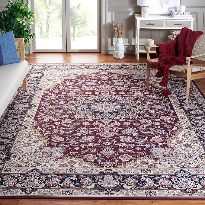 SAFAVIEH Washable Rug Tucson Collection - 9' x 12', Red & Navy, Slip Resistant & Easy to Clean, Ideal for Living Room, Bedroom, Dining Space (TSN135Q)