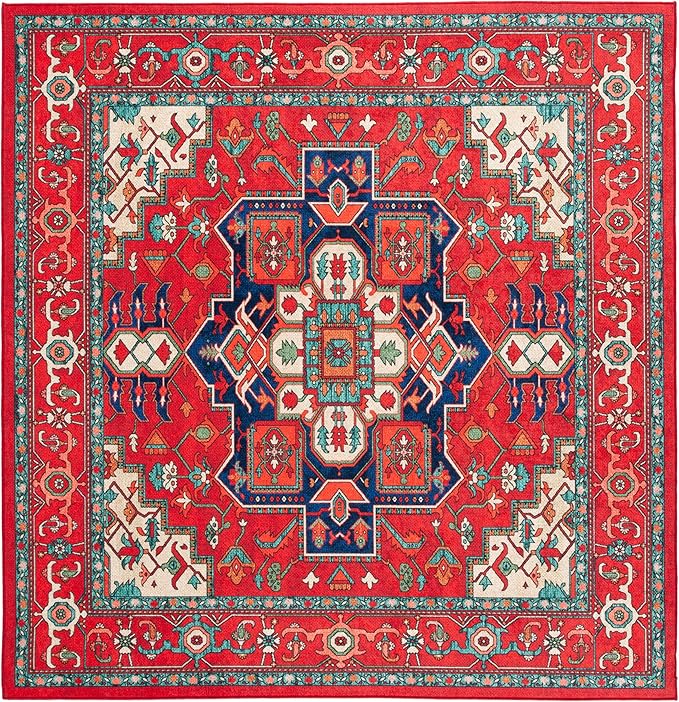 SAFAVIEH Washable Rug Orlando Collection - 7' Square, Red & Beige, Non-Shedding & Easy to Clean, Ideal for Living Room, Bedroom, Dining Space (ORL758Q)