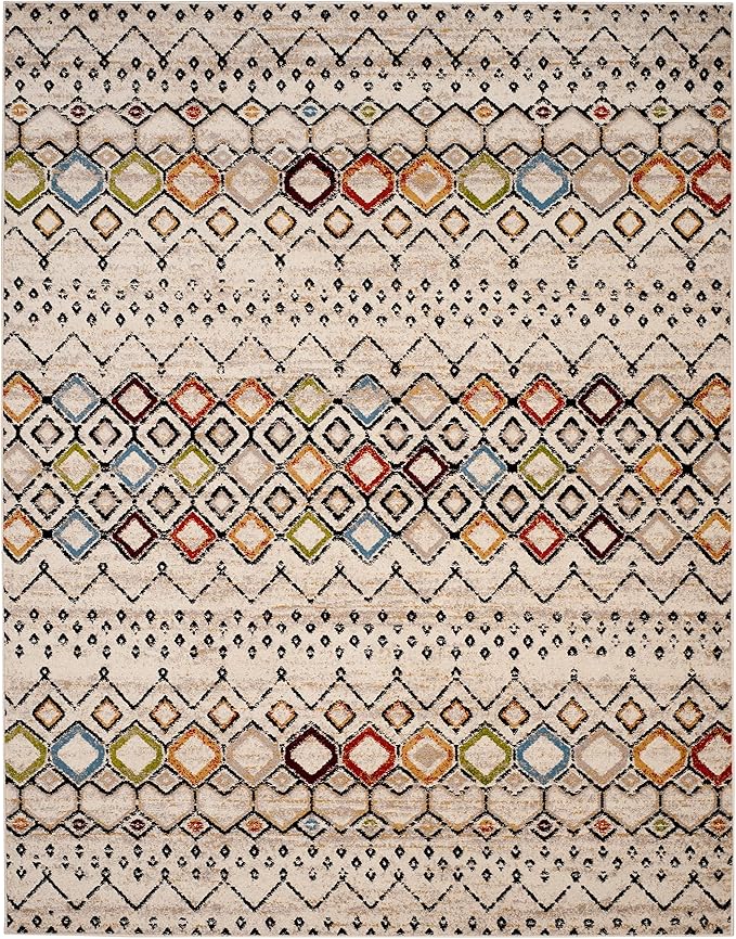 SAFAVIEH Amsterdam Collection Area Rug - 8' x 10', Ivory & Multi, Moroccan Boho Design, Non-Shedding & Easy Care, Ideal for High Traffic Areas in Living Room, Bedroom (AMS108K)