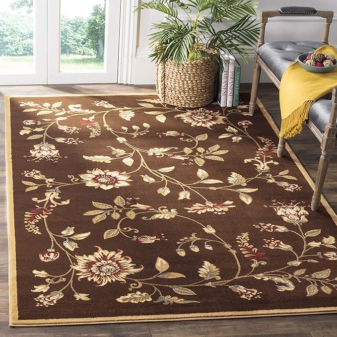 SAFAVIEH Lyndhurst Collection Area Rug - 6'7" Square, Brown & Multi, Traditional Floral Design, Non-Shedding & Easy Care, Ideal for High Traffic Areas in Living Room, Bedroom (LNH552-2591)