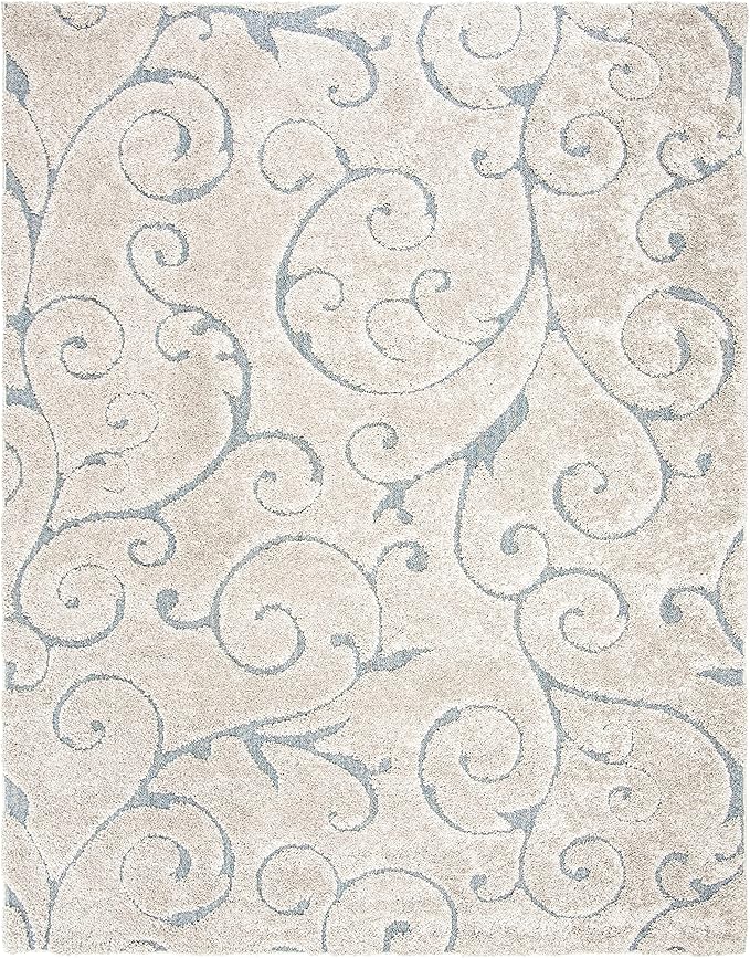 SAFAVIEH Florida Shag Collection Area Rug - 9'6" x 13', Beige & Blue Grey, Scroll Design, Non-Shedding & Easy to Clean, High-Low Plush Pile, Ideal for Living Room, Bedroom, Dining Space (SG455-1155)
