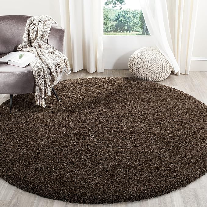 SAFAVIEH Santa Monica Shag Collection Area Rug - 3' Round, Brown, Solid Design, Non-Shedding & Easy Care, 2-inch Thick, Ideal for The Living Room, Dining, Bedroom (SGN725)