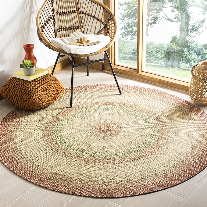 SAFAVIEH Washable Rug Outdoor Braided Collection - 9' Round, Rust & Multi, Handmade & Reversible, Non-Shedding & Easy to Clean, Ideal for Patio, Backyard, Mudroom (BRD303A)