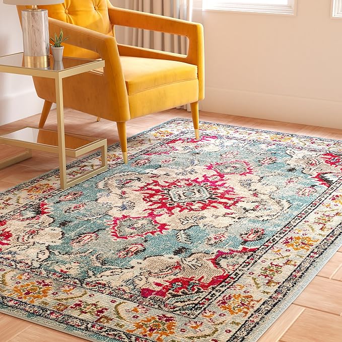 SAFAVIEH Monaco Collection Area Rug - 2'2" x 4', Light Blue & Fuchsia, Non-Shedding & Easy to Clean, Distressed Medallion Design, Ideal for Front Door, Kitchen, Entryway, Accent Space (MNC243J)