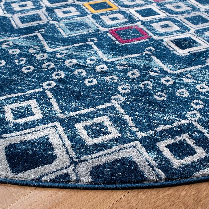 SAFAVIEH Amsterdam Collection 6'7" Round Navy / Turquoise AMS108M Moroccan Boho Non-Shedding Dining Room Entryway Foyer Living Room Bedroom Area Rug