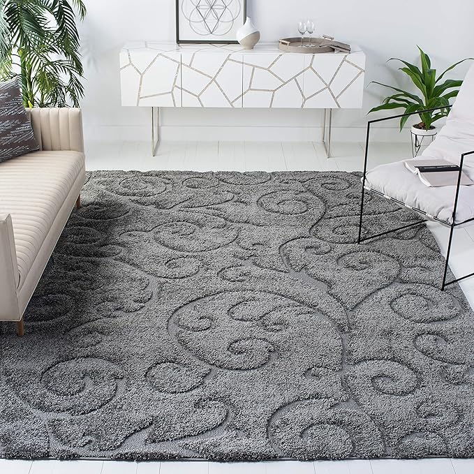 SAFAVIEH Florida Shag Collection Area Rug - 9'6" x 13', Grey, Scroll Design, Non-Shedding & Easy to Clean, High-Low Plush Pile, Ideal for Living Room, Bedroom, Dining Space (SG455-8013)