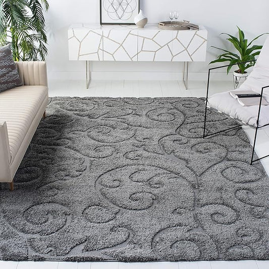 SAFAVIEH Florida Shag Collection Area Rug - 9'6" x 13', Grey, Scroll Design, Non-Shedding & Easy to Clean, High-Low Plush Pile, Ideal for Living Room, Bedroom, Dining Space (SG455-8013)