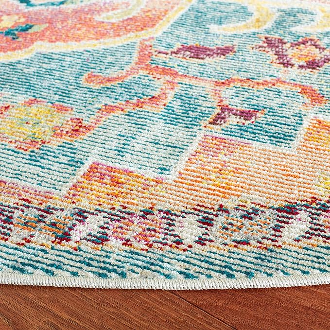 SAFAVIEH Crystal Collection Area Rug - 7' Round, Orange & Teal, Medallion Distressed Design, Non-Shedding & Easy Care, Ideal for High Traffic Areas in Living Room, Bedroom (CRS501K)